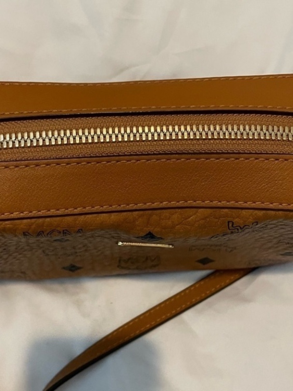 MCM Visetos Cognac Logo Crossbody with Gold Chain - Picture 2 of 6